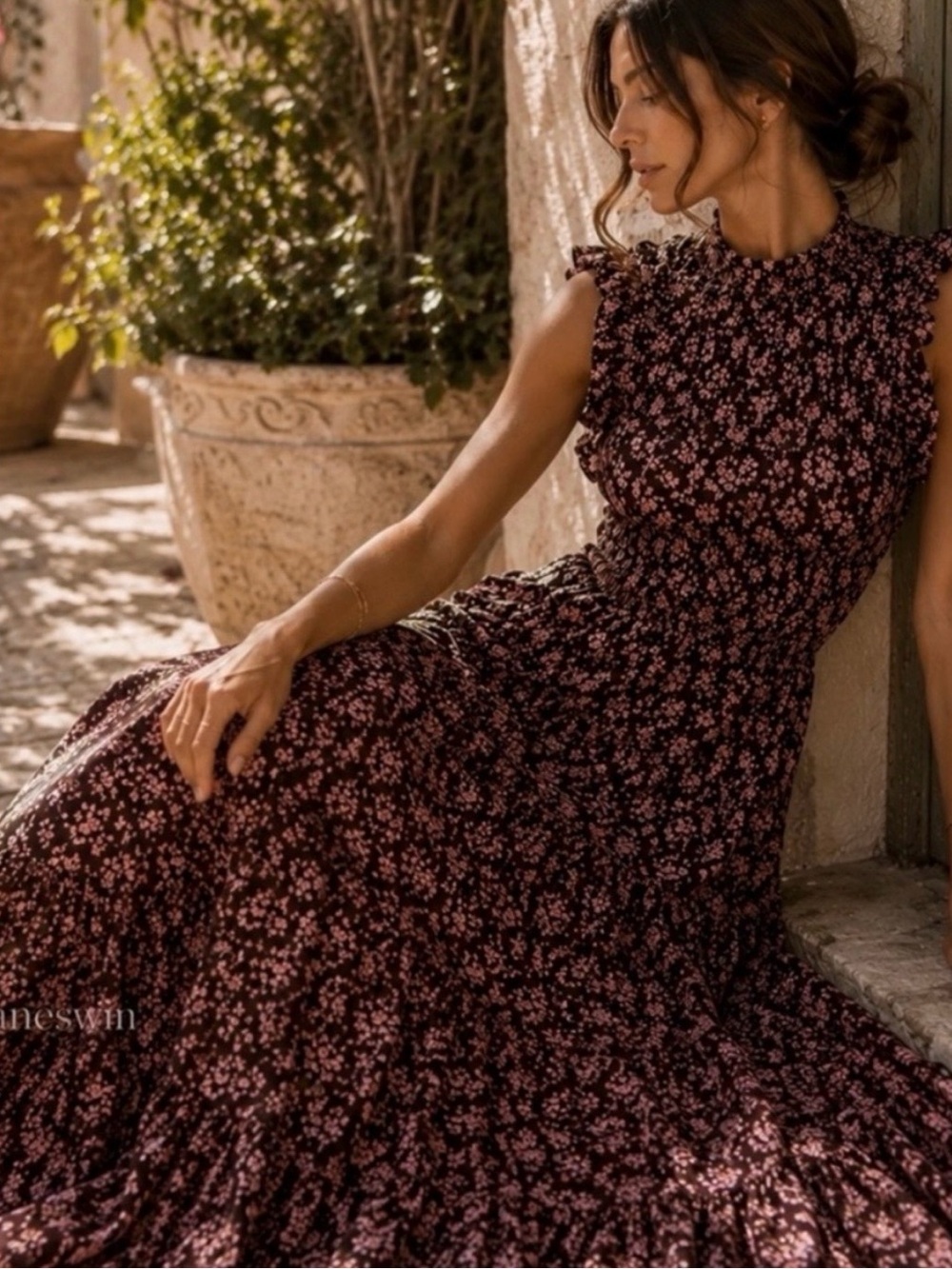 100% Cotton Caroline Constas Brown Floral Maxi Dress - Picture 2 of 7